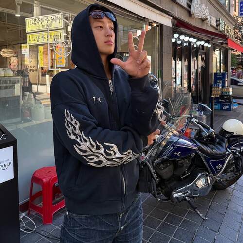 Thug club 25FW 做旧破坏火焰哥特logo刺绣拼接拉链卫衣帽衫外套