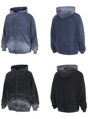 Far Archive黑色重磅水洗破坏做旧高街卫衣帽衫外套