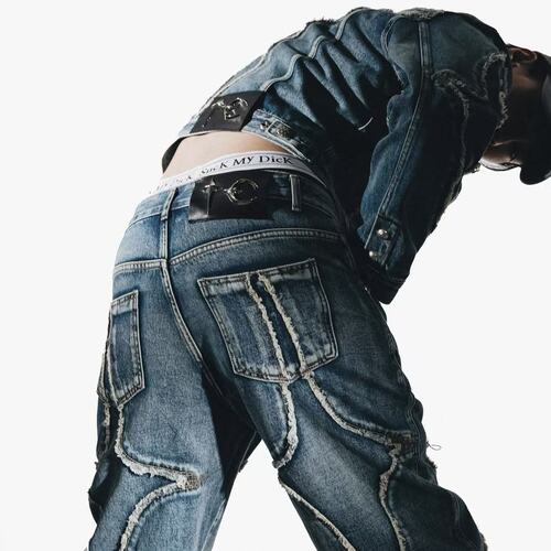 Thug Club24FW朴宰范同款激光拼接镰刀图案刺绣宽松水洗牛仔裤