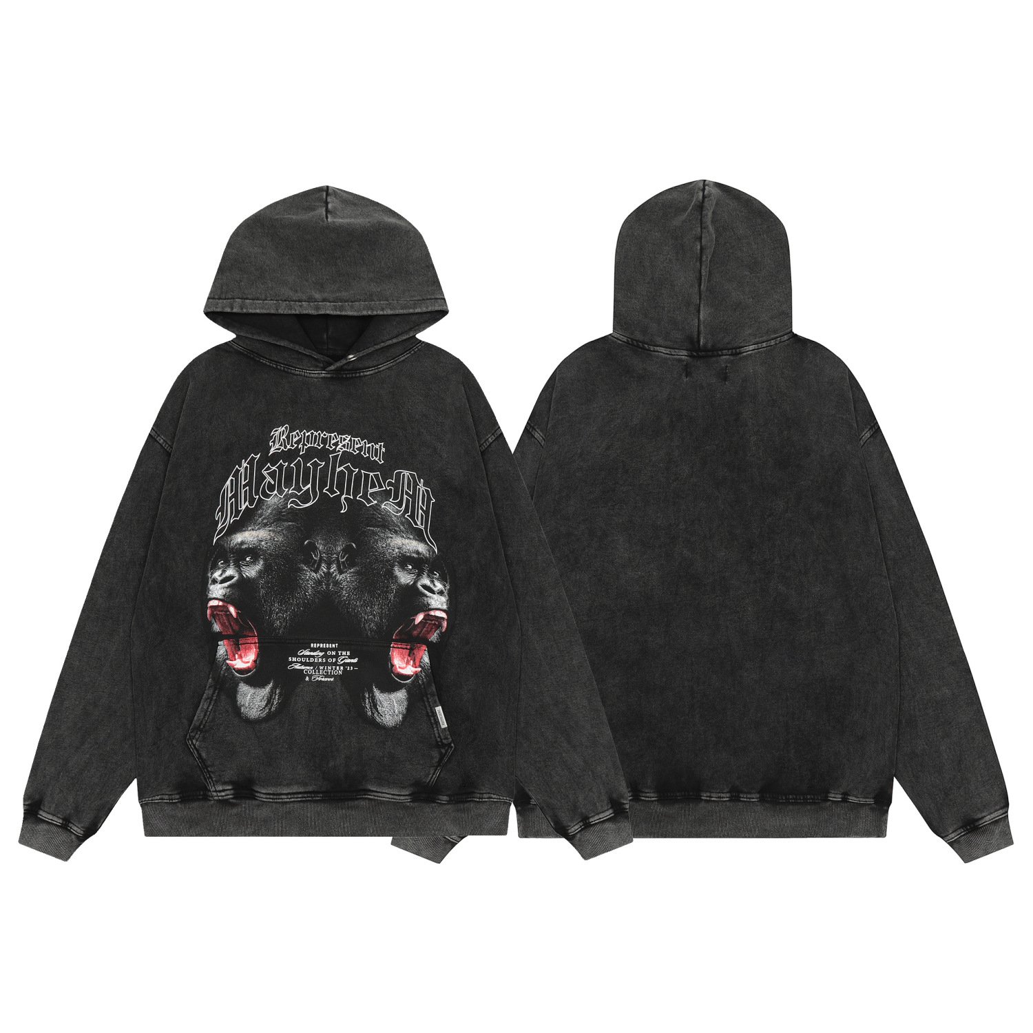REPRESENT 双头猩猩字母印花高街水洗做旧连帽套头宽松男女卫衣潮