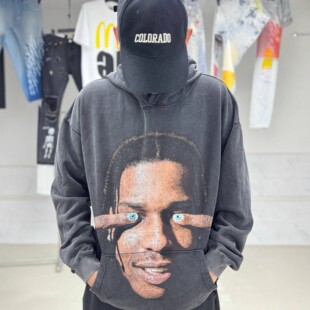 Asap rocky Los Angeles演出限定人像遮眼印花水洗做旧连帽卫衣