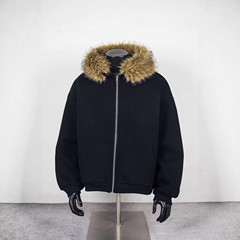 美式侃爷 同款 ye座山雕 可拆卸毛领 加厚连帽拉链卫衣外套