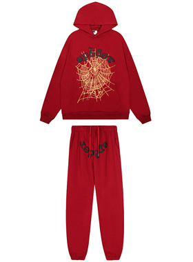 sp5der美潮55555蜘蛛网发泡黑色字母印花帽衫卫裤新年红套装