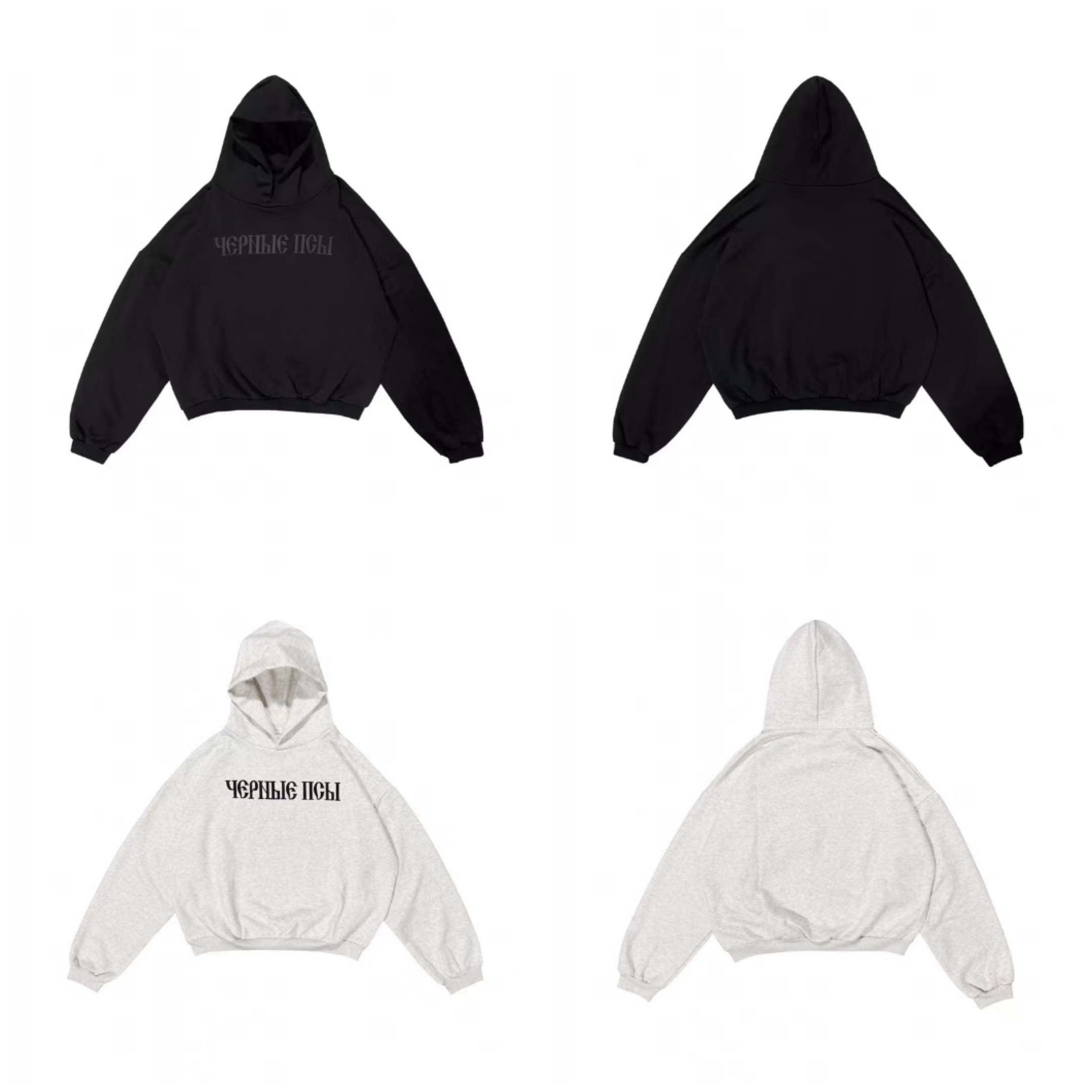 现货YE 侃爷联名GOSHA Black Gog黑狗俄文短款薄绒连帽卫衣