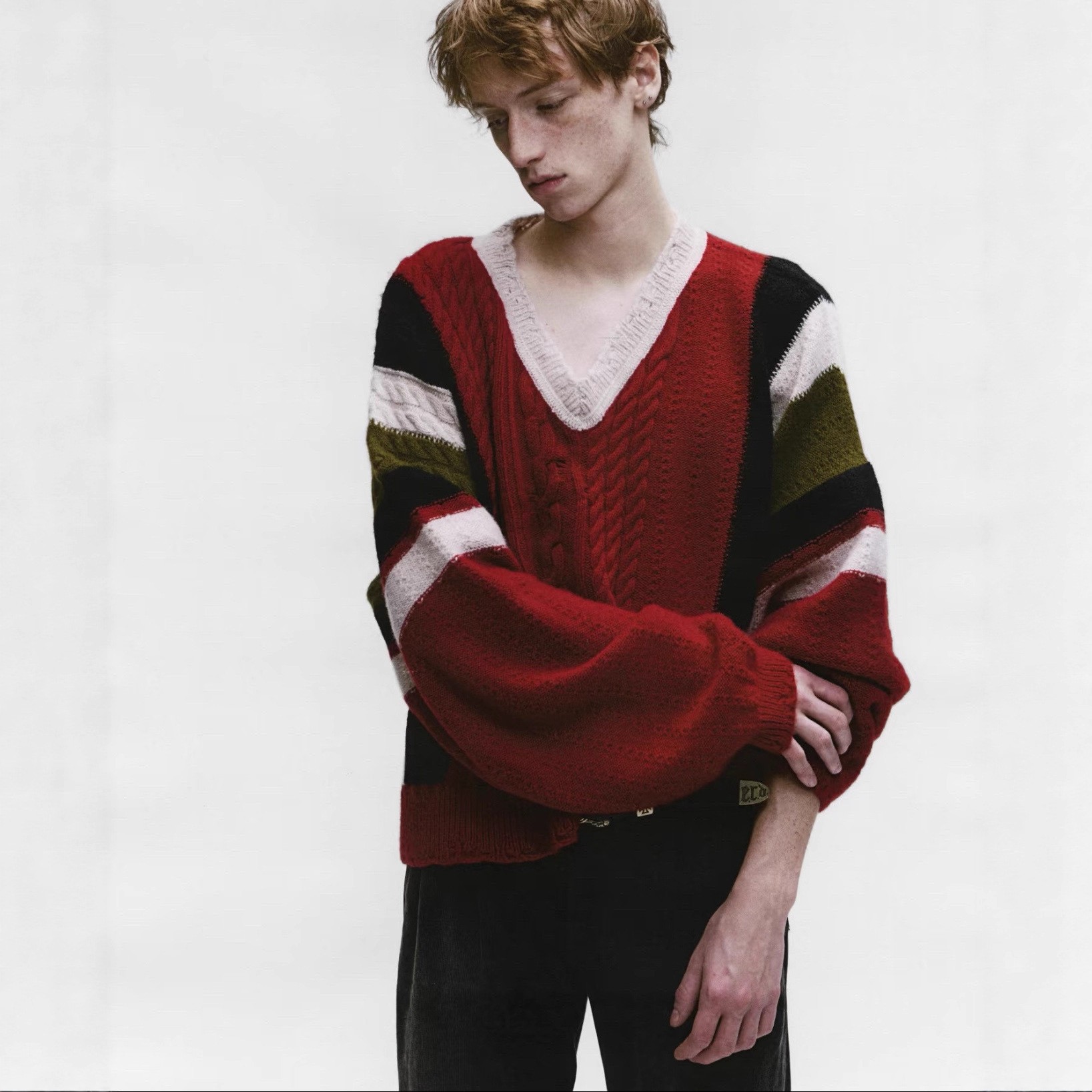 Enfants Riches Deprimes 忧郁的富二代 羊绒卷边提花条纹V领毛衣