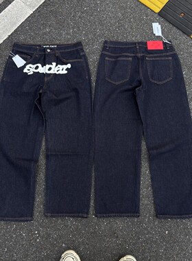 现货高品质Sp5der街头白色印花洗水做旧原牛 休闲牛仔裤男女同款