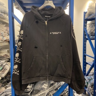 GRALIZ LEARL PROJECT骷髅头拼接水洗做旧破洞拉链连帽卫衣外套