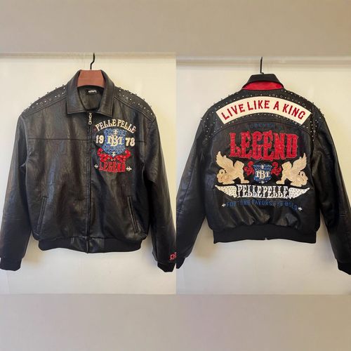 现货2025新款古着PELLE PELLE同款 重磅绣花满钉满钻夹棉皮夹克