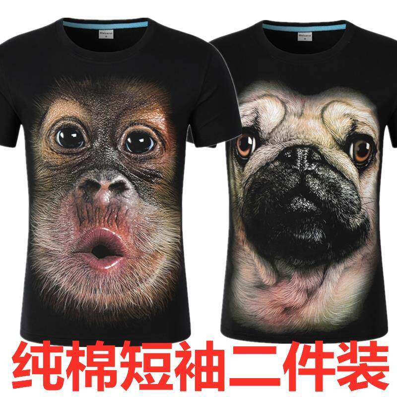 夏男装3D猴子狗动物骷髅图案印花短袖T恤宽松加肥加大码胖子半袖1