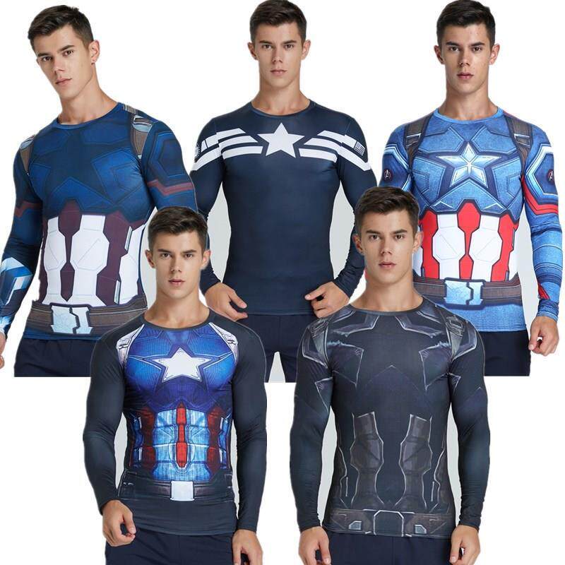 超级英雄美国队长高弹透气健身衣跑步篮球足球运动紧身衣长袖T恤