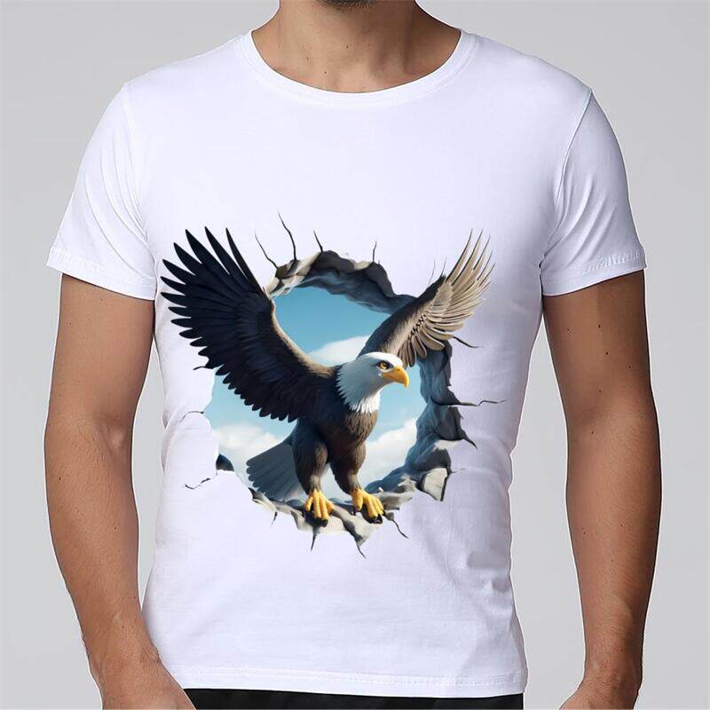 100%纯棉夏装3D立体图破墙老鹰宽松大码男子个性潮流白色短袖T恤
