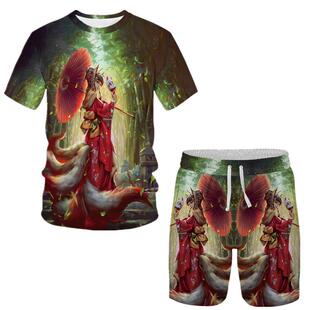 夏季3D立体九尾妖狐弹力透气宽松加大码冰丝个性短袖裤子套装T恤