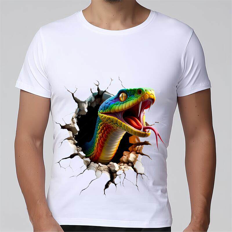 100%纯棉夏装3D立体图破墙毒蛇宽松大码男子个性潮流白色短袖T恤