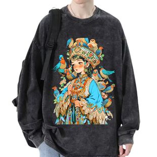 美式春春装男款插画百灵鸟女孩宽松大码复古做旧水洗纯棉长袖T恤