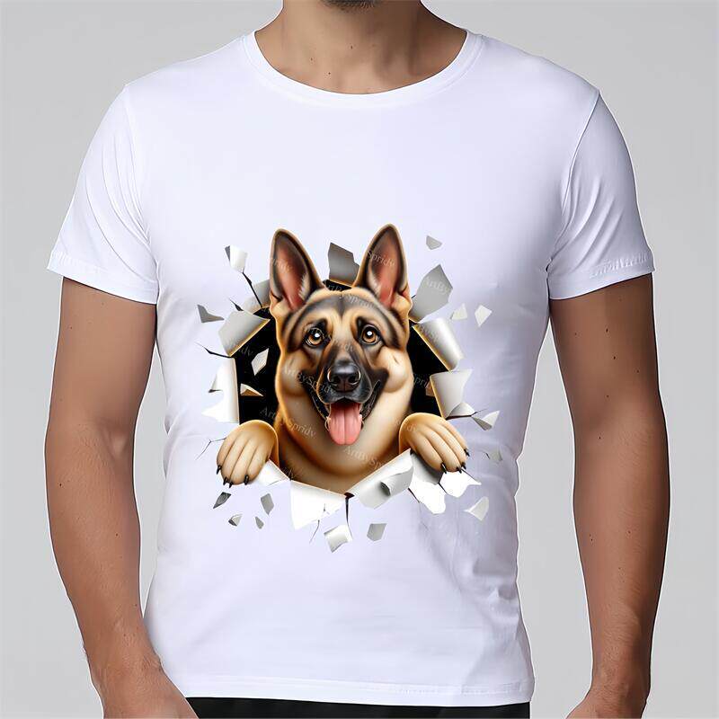 100%纯棉夏装3D立体图破墙德牧宽松大码男子个性潮流白色短袖T恤