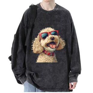 春春装男款3D个性贵宾犬狗狗潮宽松大码复古做旧水洗纯棉长袖T恤