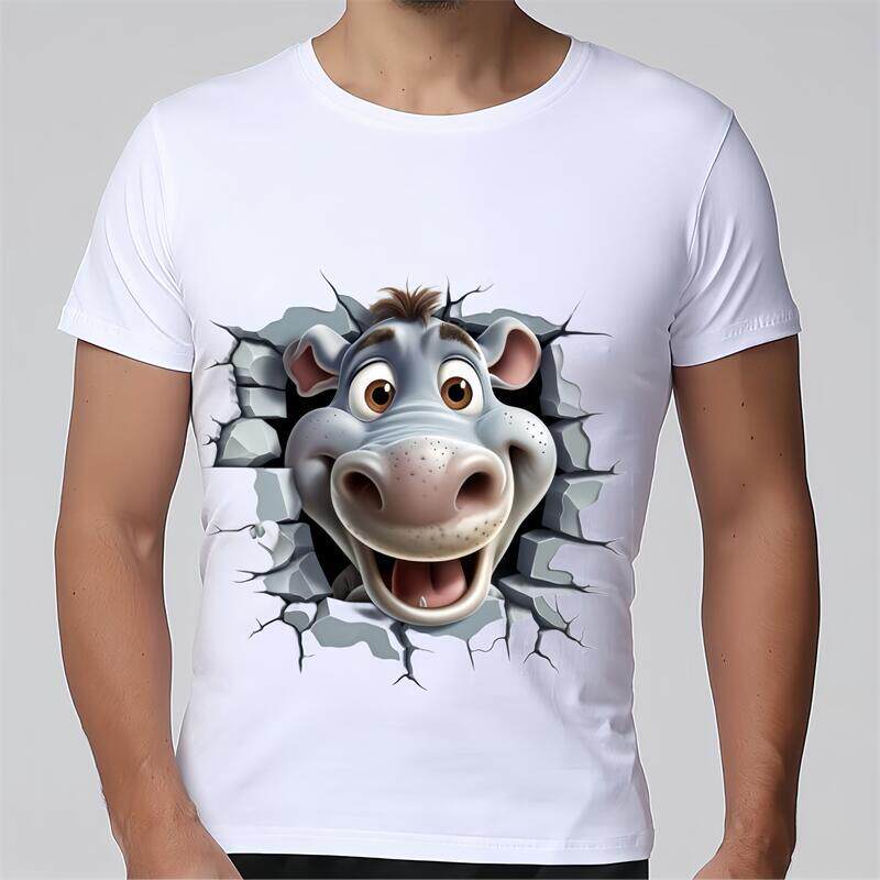 100%纯棉夏装3D立体图搞笑河马宽松大码男子个性潮流白色短袖T恤