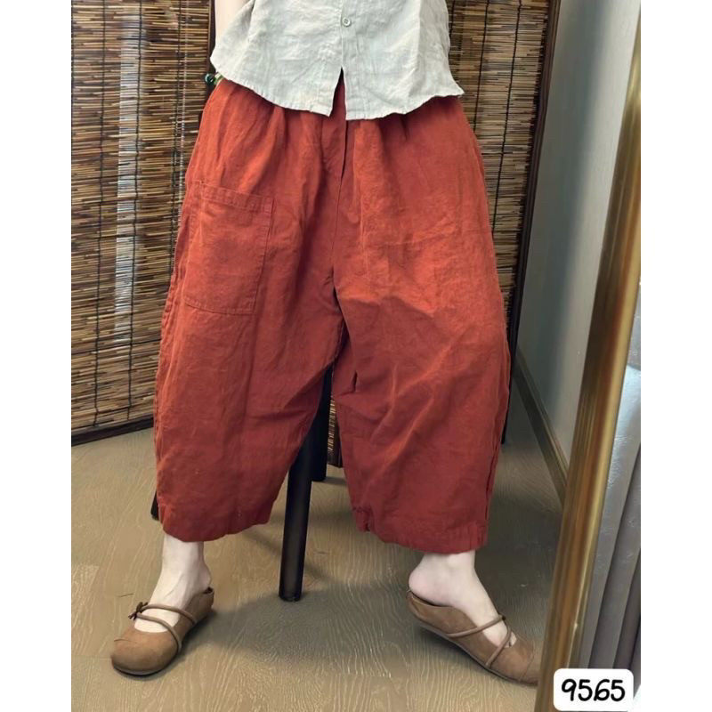 通勤风高腰亚麻显瘦九分哈伦裤