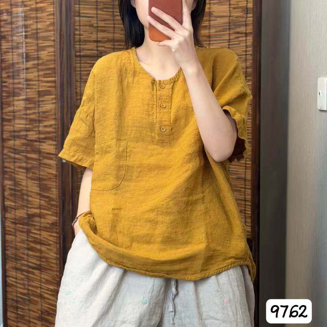 文艺纯亚麻短袖宽松透气衬衫女