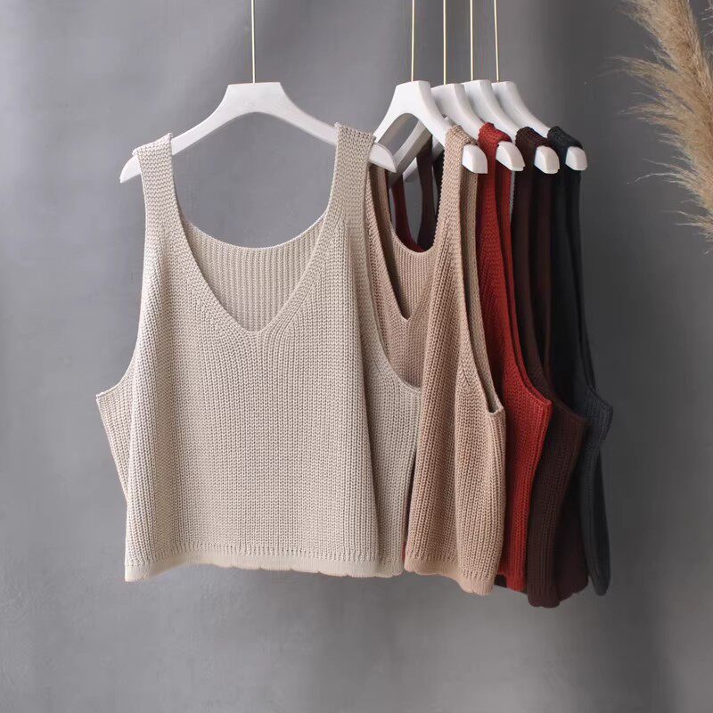 春秋新款文艺V领纯色针织吊带女士休闲宽松毛线背心外穿短款马夹