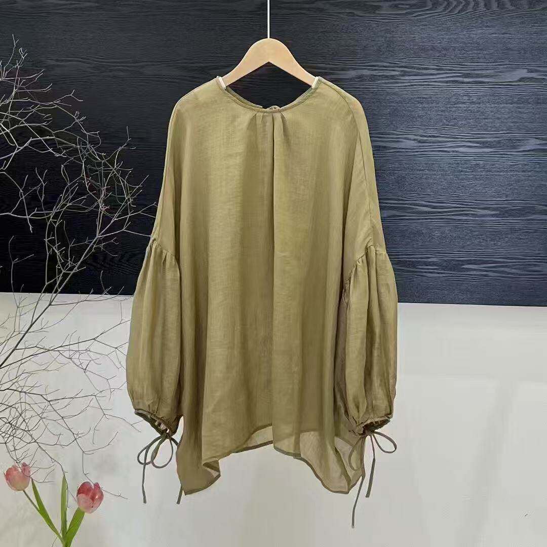 2025春夏新款后背系带圆领纯苎麻减龄甜美绑带灯笼袖百搭衫女