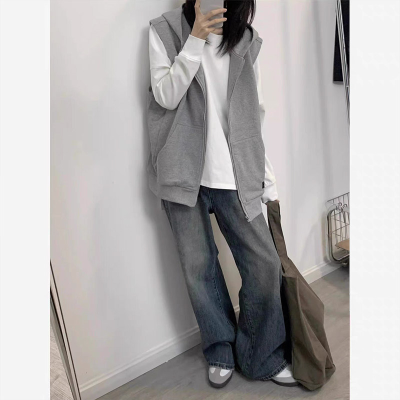 百搭时尚纯色无袖卫衣马甲男休闲宽松马甲女连帽衫情侣秋季新款