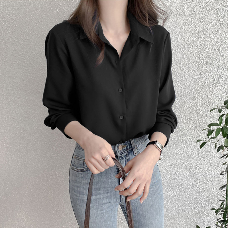 2025春季新款韩版简约上衣女通勤黑色雪纺衬衫宽松显瘦百搭衬衣潮