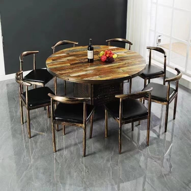 复古铁艺火锅桌商用餐厅饭店烧烤店圆桌电磁炉一体圆桌餐桌椅组合