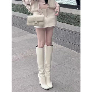 2026新款 白色高筒粗跟骑士靴女高跟显瘦不过膝长筒靴网红潮款