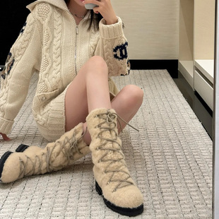 小香风羊羔毛绑带雪地靴女2026新款 加绒加厚保暖中筒靴棉鞋