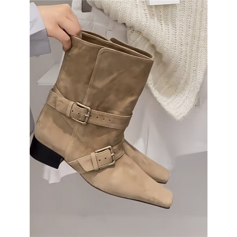 2026新款小众设计感短靴女春秋绒面方头皮带扣马丁靴粗跟瘦瘦靴,女鞋,马丁靴,淘宝优惠券,粉丝福利购,淘宝优惠卷