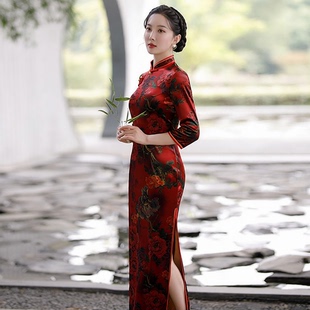 红色红旗袍长款中式金丝绒七分袖中国风立领婚礼改良版旗袍
