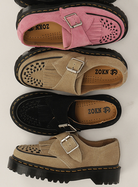 Ramsey马丁单鞋男女厚底编织流苏搭扣翻毛皮英伦情侣德比孟克鞋子