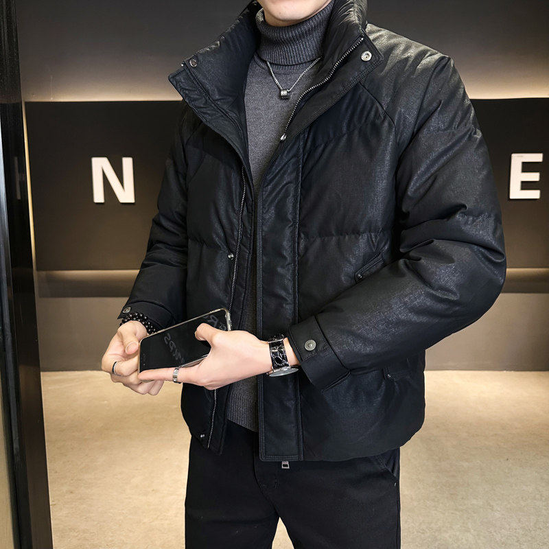 2025新款皮羽绒服男冬季潮牌短款立领上衣PU皮面保暖加厚免洗外套