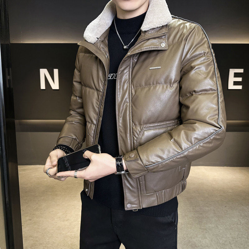 高品质PU皮羽绒服男款韩版潮流加厚保暖高级感冬季新款白鸭绒外套
