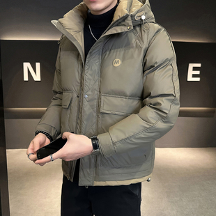 冬季羽绒服男短款连帽白鸭绒加厚上衣轻奢高级感时尚男士羽绒外套