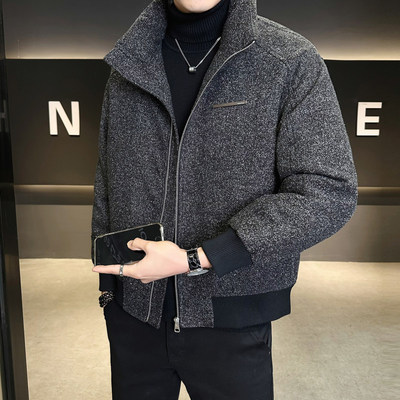 毛呢羽绒服男士短款冬季2025新款美式潮牌高级感立领加厚外套冬装