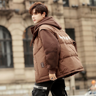 假两件连帽羽绒服男冬季短款拼接设计2025新款潮牌休闲大学生外套