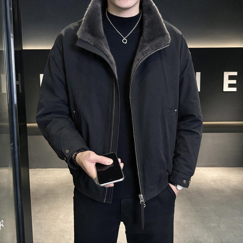 冬季新款羽绒服立领短款加绒加厚麂皮绒夹克外套男士青年修身痞帅