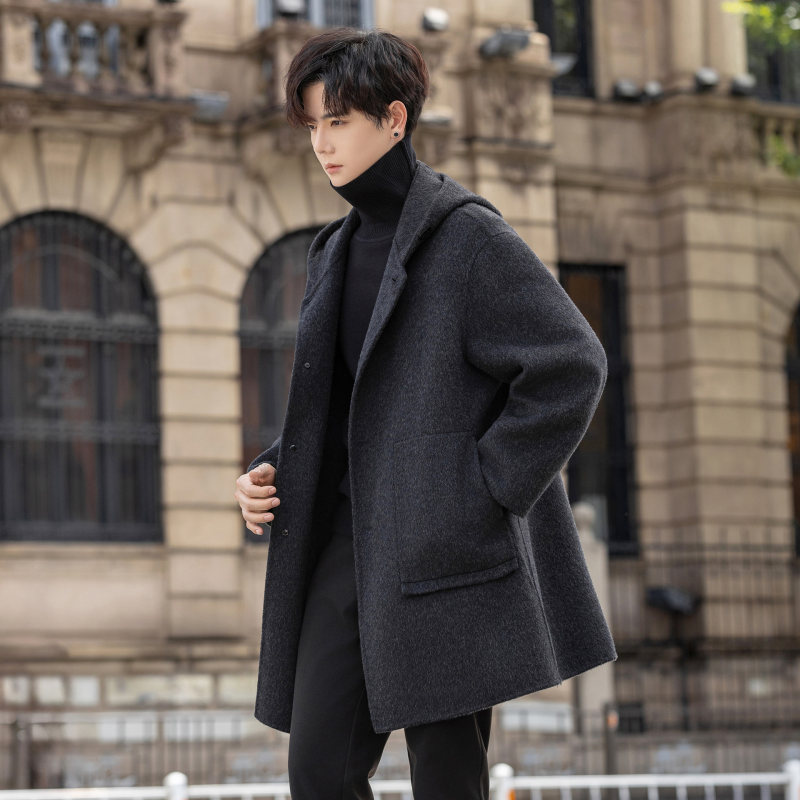 连帽双面羊毛呢子大衣男士中长款2025新款设计感冬季加厚风衣外套