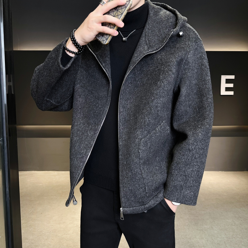 高端连帽羊毛双面呢大衣男款秋冬短款宽松时尚大码休闲加厚外套潮