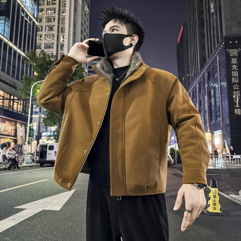 冬季新款加绒保暖棉衣男潮流设计感立领外套春秋潮牌设计男装棉服