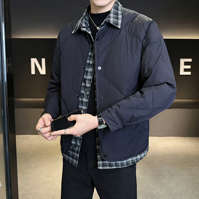 假两件轻薄男士羽绒服冬季2025新款高级感格子拼接加厚男冬装外套