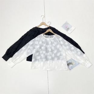 绉纱宽松衬衫 女士圆领长袖 透视感外单北欧单25秋新款 G6小熊提花