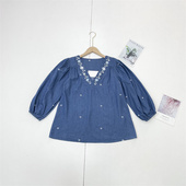 八分袖 I1法式 甜美上衣 26春夏新款 女绣花V领套头衬衫 刺绣 外单纯元