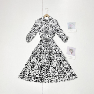 25秋新女翻领九分袖 外单纯元 收腰连衣裙 御姐通勤风 X3黑白豹纹款