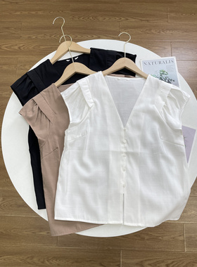 J4仅有34~外单纯元女士V领直筒无袖气质上衣三色无袖T恤衬衫