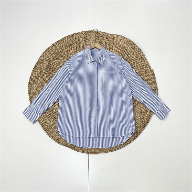 北欧外单~经典细条纹~26春新款女衬衫翻领长袖宽松直筒开衫上衣