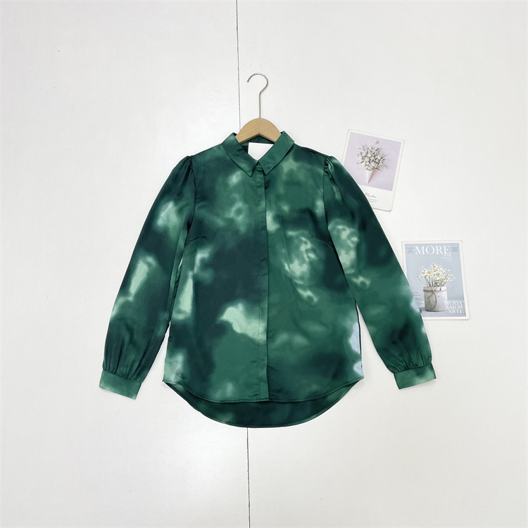 墨绿扎染缎面衬衫~北欧单外单26春新款女士翻领直筒长袖开衫衬衫