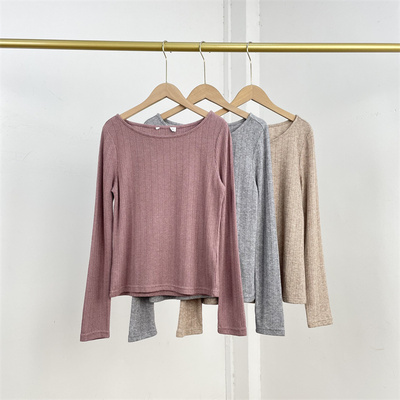 J1温柔罗纹针织衫26春新款女一字领长袖直筒T恤法式基础纯色打底